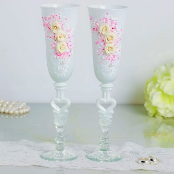 Набор свадебных бокалов "Цветок", с лепниной, бело-розовый