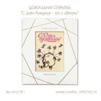 Шоколадная открытка "С Днём Рождения - кот с цветами", 2 шоколада, 90 г